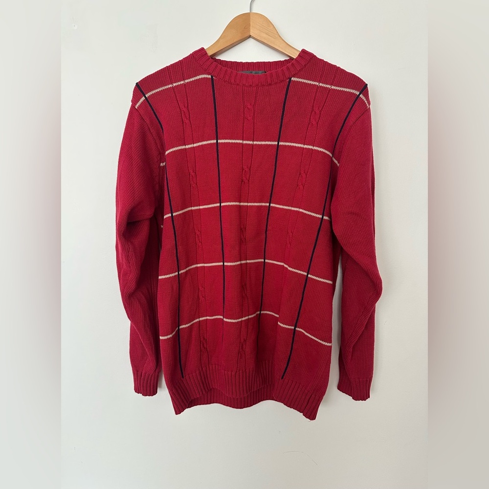 Oscar de la Renta Red Cable Knit Cotton Sweater Size L Classic Preppy